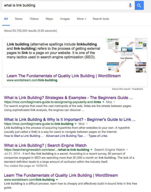 Выдача Google по запросу "что такое линкбилдинг"