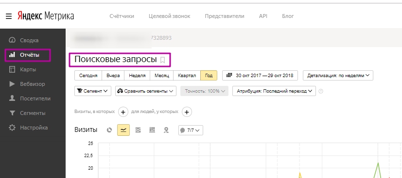 Расположение вкладки Поисковые запросы в Яндекс.Метрике