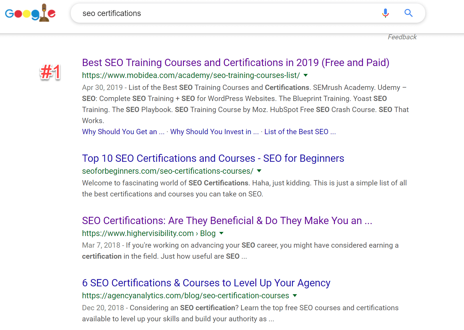 пример выдачи Google по запросу «SEO certifications»